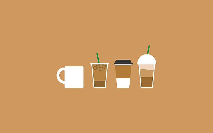 4つの盛り合わせカップ、ミニマリズム、コーヒー、カップ、アートワーク、シンプルな背景、 HDデスクトップの壁紙