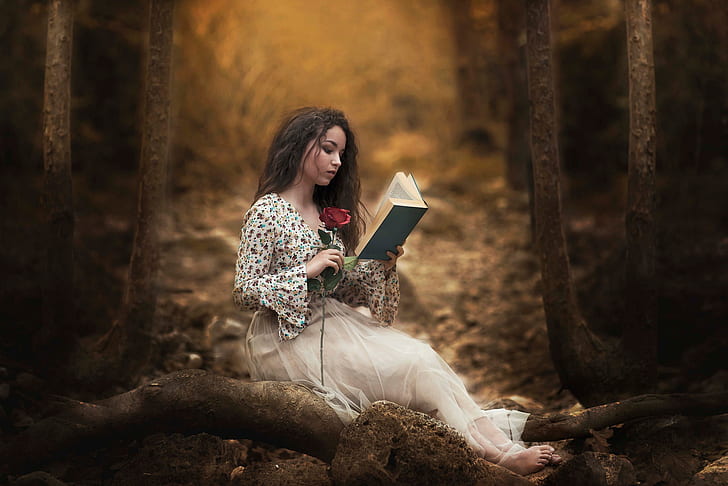 forest, girl, rose, book, reading, Carmen Gabaldon, HD wallpaper