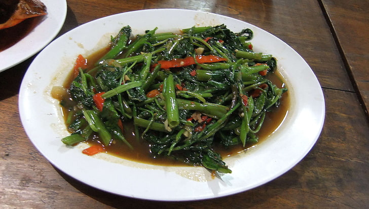 indonesia food stir fry kale with dried shrimp, HD wallpaper