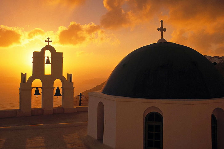 Kościoły, kościół, krzyż, kopuła, Grecja, religijne, Santorini, zachód słońca, Tapety HD