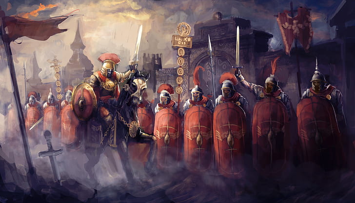 Fantasi, Prajurit, Kuda, Legiun Romawi, Perisai, Pedang, Wallpaper HD