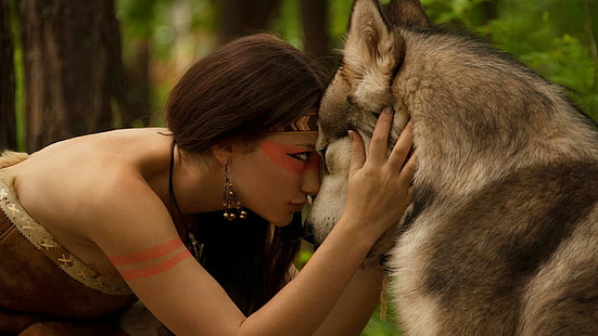 Sweet Love, brown and white wolf and brown haired woman, lovely, hand, sweet love, beautiful, woman, animals, sweet, pretty, dog face, beauty, female, lady, HD wallpaper HD wallpaper