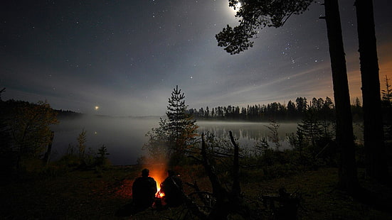 звездное небо, озеро, дерево, тьма, ночь, костер, небо, вода, природа, звездная ночь, звездное, ночное небо, настроение, спокойствие, огонь, туманный, туманный, костер, HD обои HD wallpaper