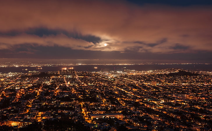San Francisco Panorama, United States, California, Full, Moon, Lights, Night, Francisco, Skyline, unitedstates, sanfrancisco, fullmoon, twinpeaks, HD wallpaper