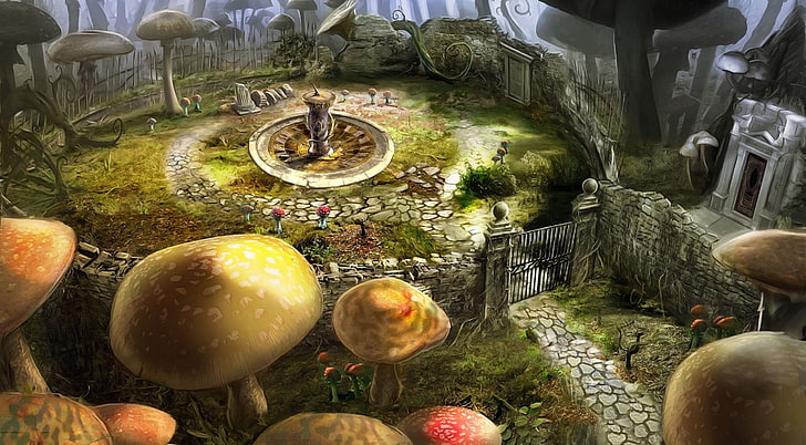area surrounded with mushroom and fence wallpaper, flowers, mushrooms, gate, Alice in Wonderland, Tim Burton, HD wallpaper