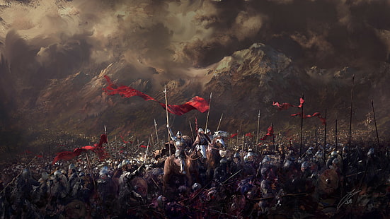 arte digital, ejército, soldado, medieval, guerra, bandera, montañas, dibujo, Fondo de pantalla HD HD wallpaper
