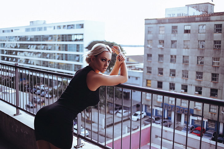 women, blonde, black dress, balcony, tattoo, black nails, HD wallpaper