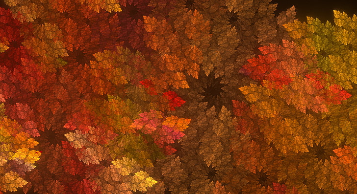 orange, red, and beige foliage painting, abstract, fractal, leaves, fall, digital art, HD wallpaper
