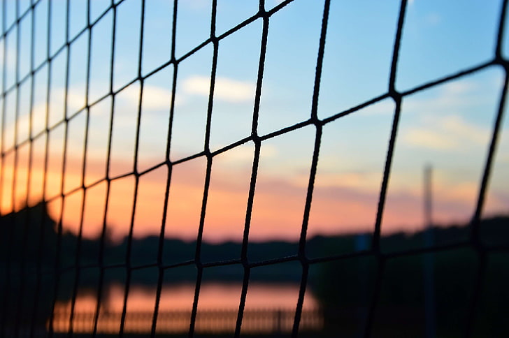 colors, fence, lake, net, sky, summer, sunset, volleyball, HD wallpaper