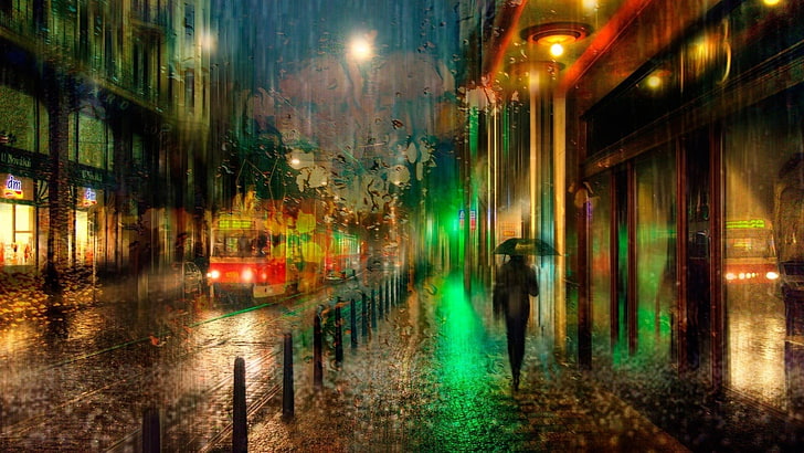 Pintura de persona sosteniendo paraguas mientras camina en la calle, paraguas, lluvia, solo, ciudad, noche, tranvía, T3, Fondo de pantalla HD