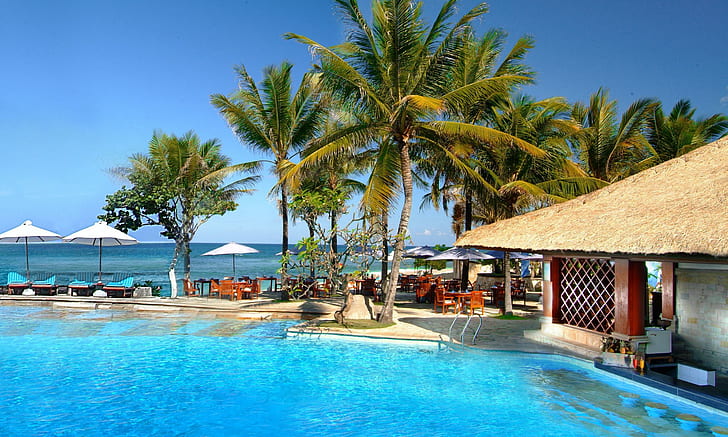 L'isola di Bali, Indonesia, l'isola di Bali, palme, mare, sud, estate, ombrelloni, piscina, bungalow, Sfondo HD