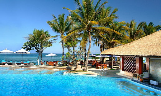 The island of Bali, Indonesia, the island of Bali, palm trees, Sea, south, summer, umbrellas, swimming pool, bungalow, HD wallpaper HD wallpaper