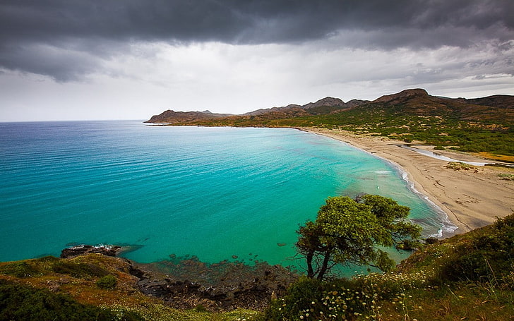 nature, landscape, beach, sand, shrubs, wildflowers, hills, sea, turquoise, water, island, Corsica, clouds, HD wallpaper