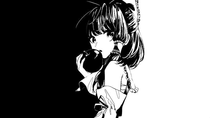 Touhou, Hakurei Reimu, 흑백, 흰색, 간단한 배경, 애니메이션 소녀 먹기, 애니메이션 소녀들, HD 배경 화면