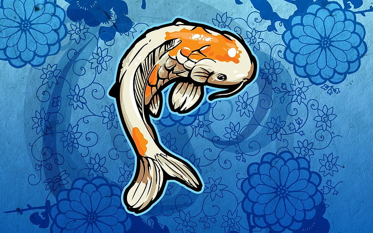orange white fish illustration, fish, artwork, blue background, animals, HD wallpaper