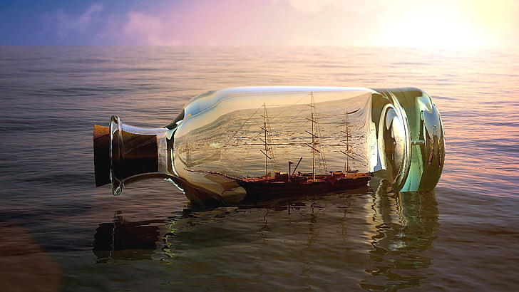 botella, marinero, mundo botella, velero, horizonte, agua, goleta, mar, botella de vidrio, cielo, océano, mástil, barco, mundo en botella, arte de fantasía, Fondo de pantalla HD