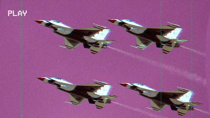 أربع طائرات مقاتلة بيضاء وسوداء ، طائرة ، vaporwave ، فن خلل ، مقاتلة متعددة المهام ، جنرال ديناميكس F-16 Fighting Falcon ، VHS، خلفية HD