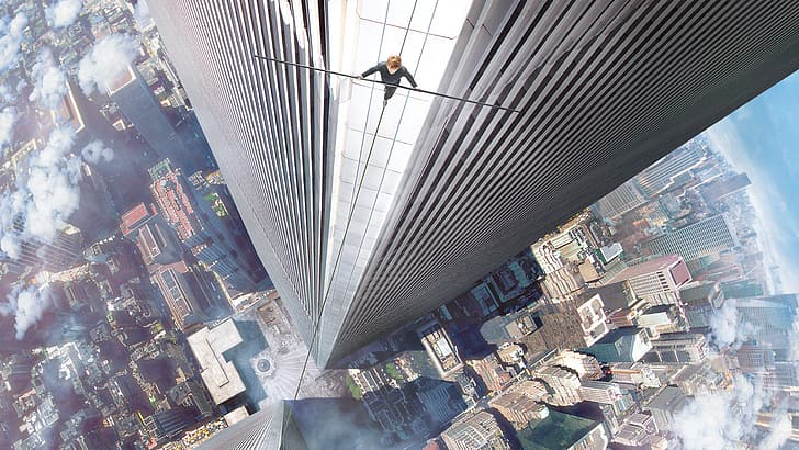 City, Clouds, Streets, Air, The, Boy, Year, EXCLUSIVE, Male, Man, Movie, Roads, Film, Joseph Gordon-Levitt, Adventure, Buildings, Thriller, Rope, Drama, Universal Pictures, 2015, Sony Pictures, Towers, Walk, Biography, Walking, Sportsman, The Walk, Philippe, Extremist, Philippe Petit, Petit, from up, TriStar Productions, HD wallpaper