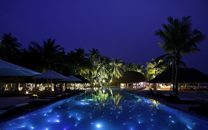Resort Night View, resort, piscina, noche, luces, palmeras, Fondo de pantalla HD