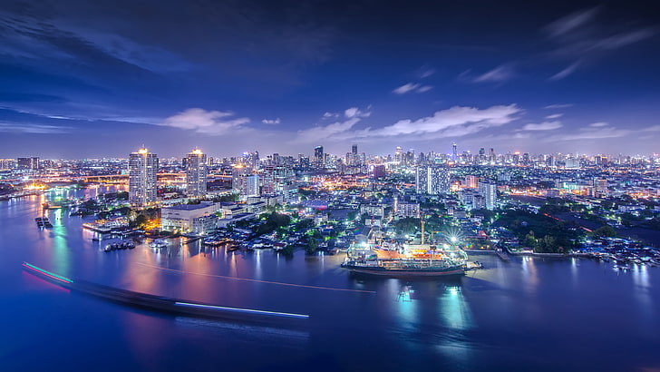 Бангкок в сумерках Городской пейзаж Река Чао Прайя в Таиланде Ultra Hd Обои для рабочего стола Мобильные телефоны и ноутбуки 3840 × 2160, HD обои