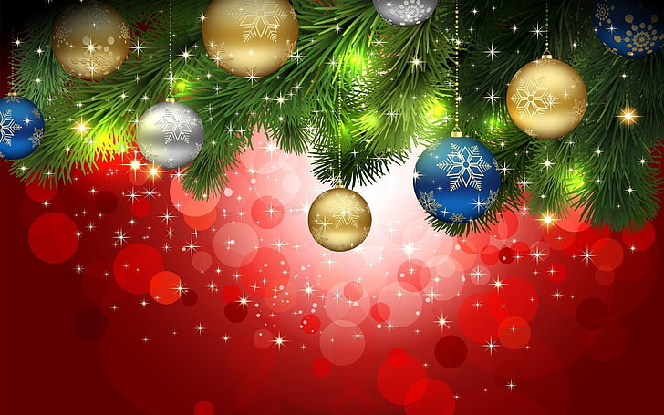 tapeta bombka bożonarodzeniowa w różnych kolorach, kulki, dekoracja, igły, blask, wakacje, wzór, zabawki, połysk, boże narodzenie, gałąź, płatek śniegu, Tapety HD