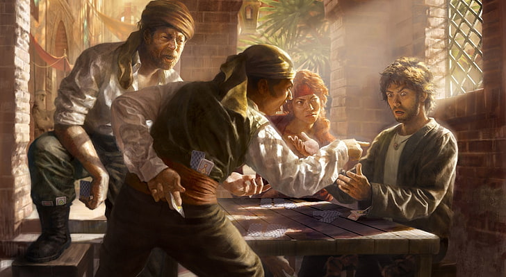 Pirates Playing Cards, four men playing cards painting, Artistic, Fantasy, Playing, Cards, Pirates, HD tapet