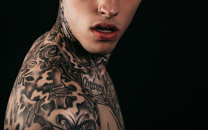 черная кожа татуировка, татуировки, парень, пирсинг, лицо, HD обои