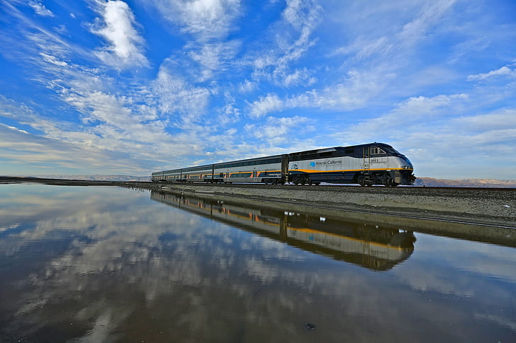 naturaleza, paisaje, tren, ferrocarril, California, Estados Unidos, agua, nubes, reflejo, Fondo de pantalla HD