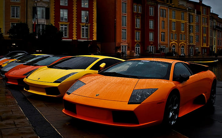 auto, lamborghini, orange autos, gelbe autos, rote autos, silberne autos, regen, haus, straße, fahrzeug, HD-Hintergrundbild