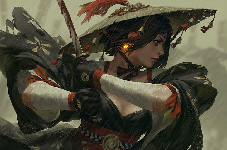 women, artwork, fantasy art, fantasy girl, samurai, katana, sword, HD wallpaper