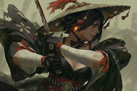 donne, opere d'arte, fantasy art, fantasy girl, samurai, katana, spada, Sfondo HD HD wallpaper