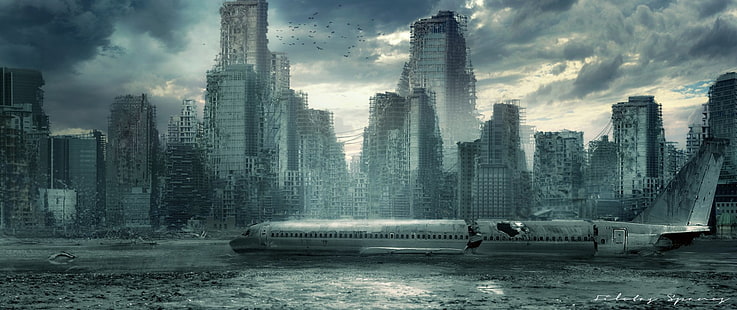 Научная фантастика, постапокалиптическое, самолеты, город, руины, небоскреб, крушение, HD обои HD wallpaper