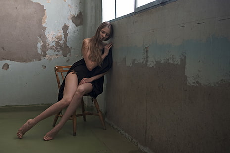women's black top, alone, sitting, women indoors, 500px, chair, legs, barefoot, women, HD wallpaper HD wallpaper