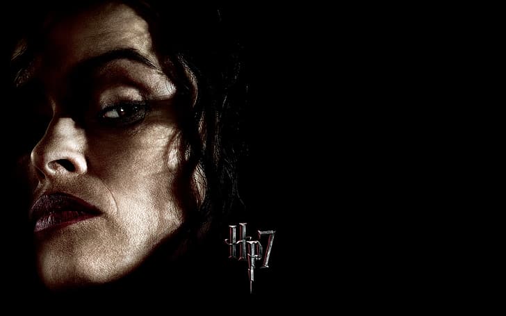face, black background, Helena Bonham Carter, Harry Potter and the deathly Hallows, Bellatrix Lestrange, HP 7, HD wallpaper