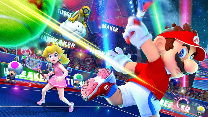 Video Game, Mario Tennis Aces, Lakitu, Mario, Princess Peach, Toad (Mario), HD wallpaper