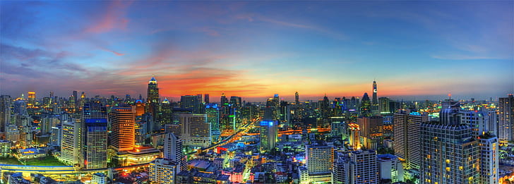 fotografía aérea de la ciudad, Bangkok, Bangkok, Bangkok, Puesta de sol, fotografía aérea, ciudad, Tailandia, puestas de sol, paisaje urbano, horizonte urbano, noche, rascacielos, arquitectura, distrito céntrico, lugar famoso, torre, Asia, escena urbana, Exterior del edificio, anochecer, estructura construida, Fondo de pantalla HD