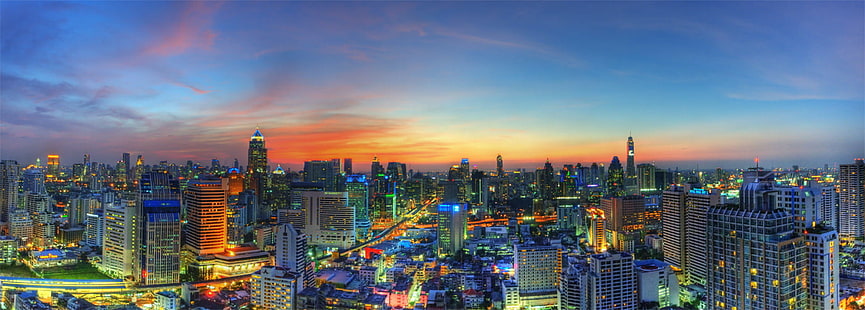 aerial photography of city, bangkok, bangkok, Bangkok, Sunset, aerial photography, city, thailand, sunsets, cityscape, urban Skyline, night, skyscraper, architecture, downtown District, famous Place, tower, asia, urban Scene, building Exterior, dusk, built Structure, HD wallpaper HD wallpaper