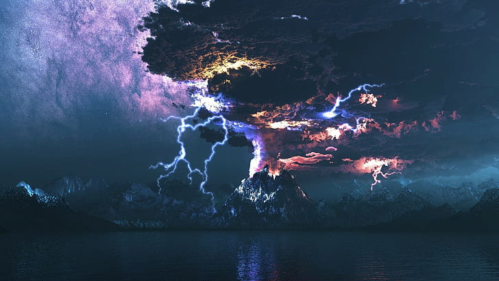 rayo, erupción volcánica, ilustración, lago, volcán, cielo, mar, nubes, erupciones, tormenta, montañas, arte digital, espacio, agua, erupción, arte de fantasía, Fondo de pantalla HD
