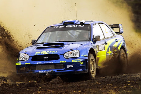 Subaru ซีดานสีน้ำเงินและเหลือง, Subaru, Impreza, เครื่องจักร, ฝากระโปรง, สิ่งสกปรก, วัน, ไฟ, WRC, Rally, Mikko Hirvonen, วอลล์เปเปอร์ HD HD wallpaper