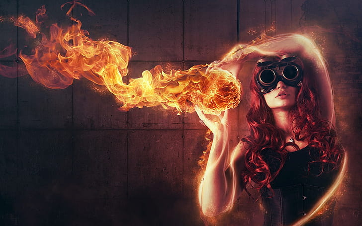 Wanita Bermain dengan Api, wanita yang mengenakan kemeja tanpa lengan teropong hitam memegang karya seni bola api, gadis api, api, permainan fantasi, poster api, Wallpaper HD
