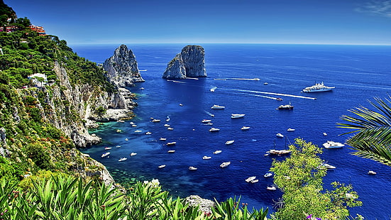 Pueblos, Capri, Horizonte, Isla, Italia, Océano, Mar, Fondo de pantalla HD HD wallpaper