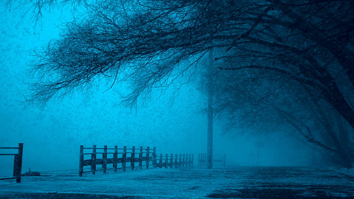cold, dark, eerie, fear, fence, fog, foggy, frozen, ice, lake, landscape, mist, mystery, outdoors, pathway, pole, reflection, road, scenic, snow, street, trees, weather, winter, HD wallpaper