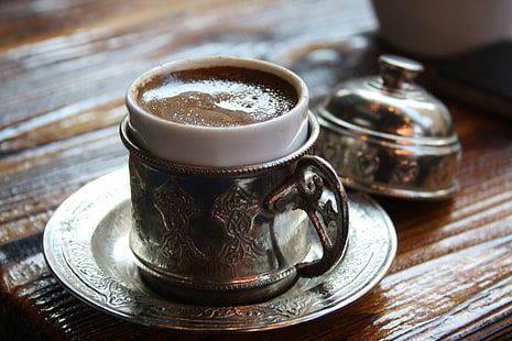 stainless steel teacup filled with coffee placed on top of table, turkish, turkish, Turkish, Coffe, stainless steel, teacup, coffee, on top, table, Istanbul, cup, drink, cafe, brown, heat - Temperature, coffee - Drink, wood - Material, HD wallpaper HD wallpaper