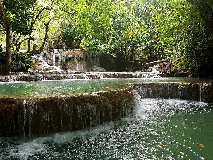 cascadas verdes y marrones, cascada, Laos, río, agua, cascadas Kuang Si, Fondo de pantalla HD
