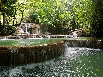 zielone i brązowe wodospady, wodospad, Laos, rzeka, woda, wodospady Kuang Si, Tapety HD HD wallpaper