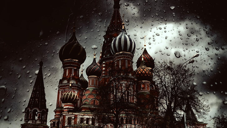 Dunkelheit, Moskau, Russland, gotische Architektur, Himmel, Tempel, Nacht, Gebäude, Kathedrale, rotes Quadrat, Religion, Regen, HD-Hintergrundbild