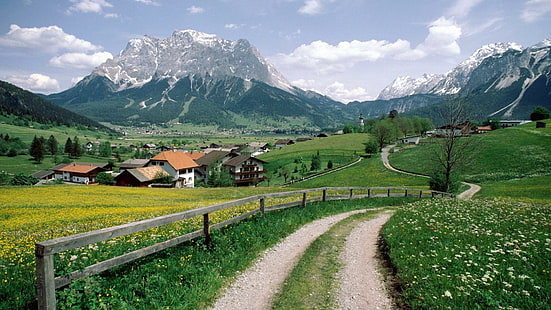 Aldeia Alpina Na Áustria, montanha, vila, vale, estrada, natureza e paisagem, HD papel de parede HD wallpaper
