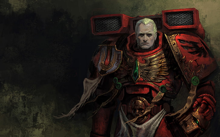 Tapeta mężczyzna w czerwono-beżowej zbroi robota, zbroja, hełm, Warhammer 40k, Tapety HD
