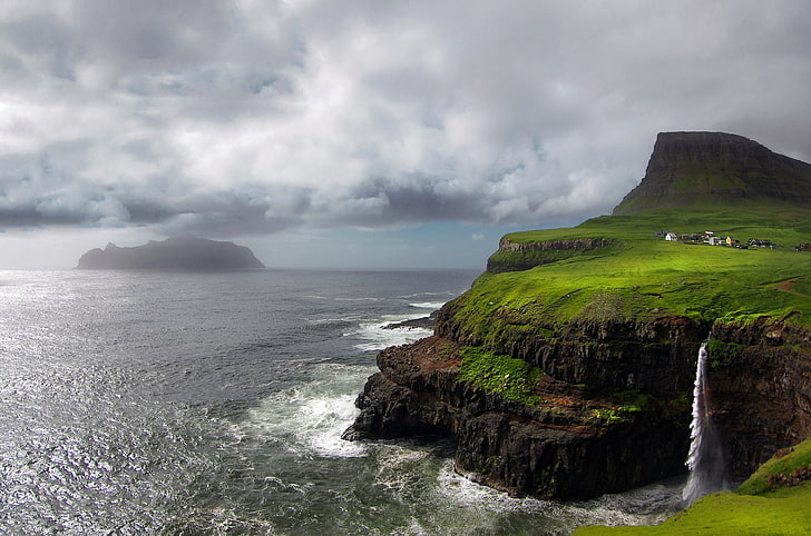 Man Made, Gásadalur, Arctic, Cloud, Coast, Denmark, Faroe Islands, Landscape, Scandinavia, Sea, Shore, Village, Waterfall, HD wallpaper