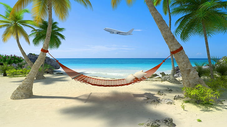 Приморский пейзаж, кокосовые пальмы, гамаки, синее море, небо, самолеты, пляж, приморский пейзаж, кокосовые пальмы, гамаки, синее море, небо, самолеты, пляж, HD обои